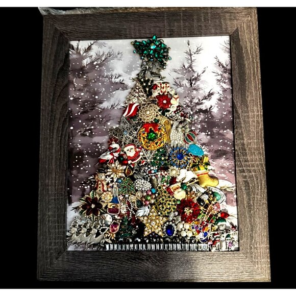 Vintage Jewelry Christmas Tree Framed Snowy Forest Picture 17" x 14" by Betty - Picture 1 of 11